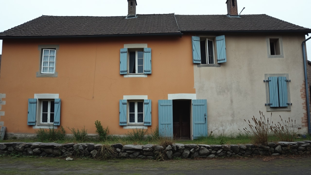 Maison en pisé avant rénovation, façade fatiguée et cour brute.
