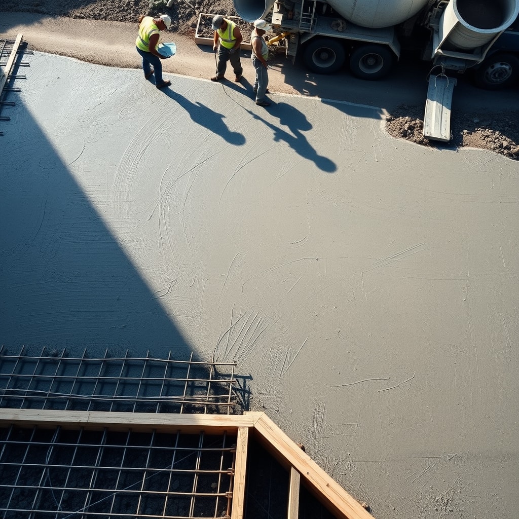Élévation en parpaings sur dalle béton, ferraillage visible, ouvriers en arrière-plan.