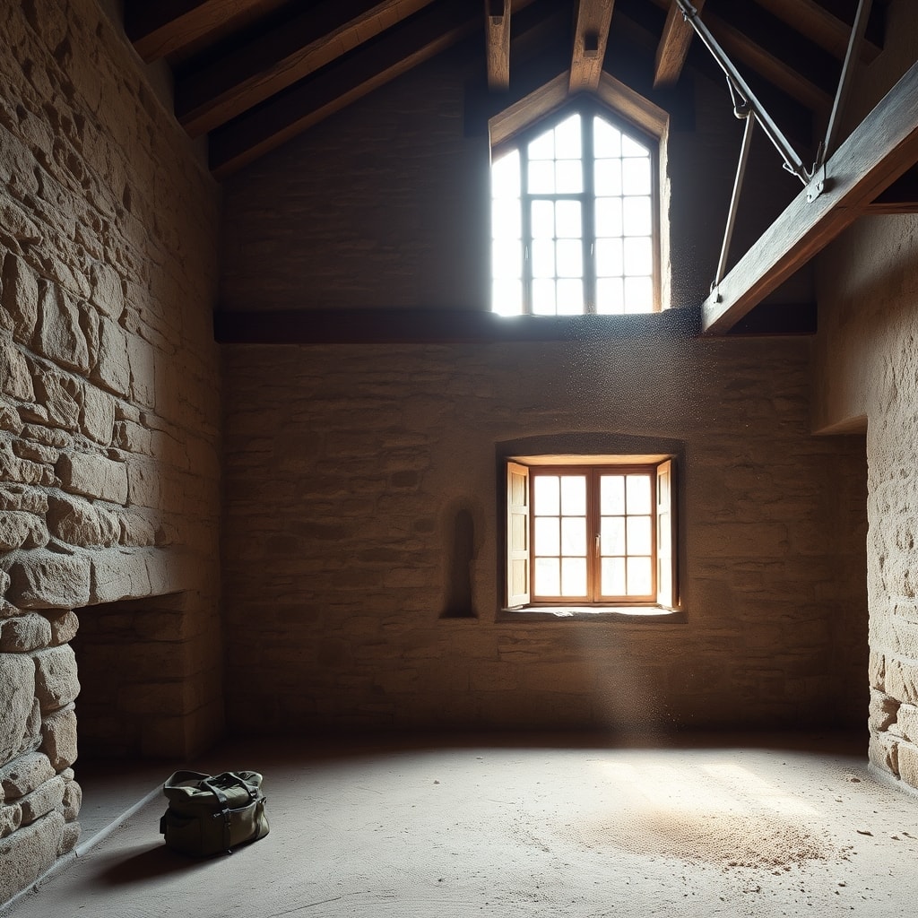 Intérieur d'une grange en cours de rénovation, charpente apparente, lumière naturelle.