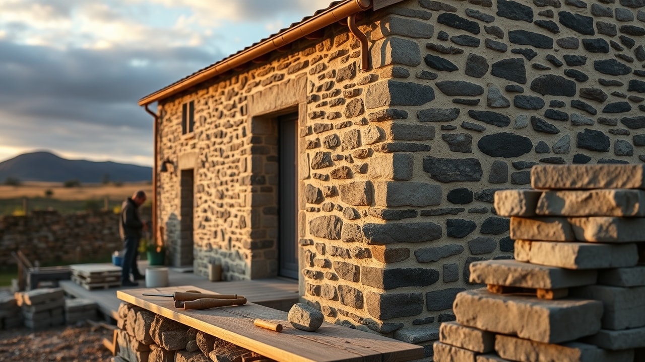 Chantier de rénovation maçonnerie en pierre auvergnate, équipe à l'œuvre, La Roche-Blanche.