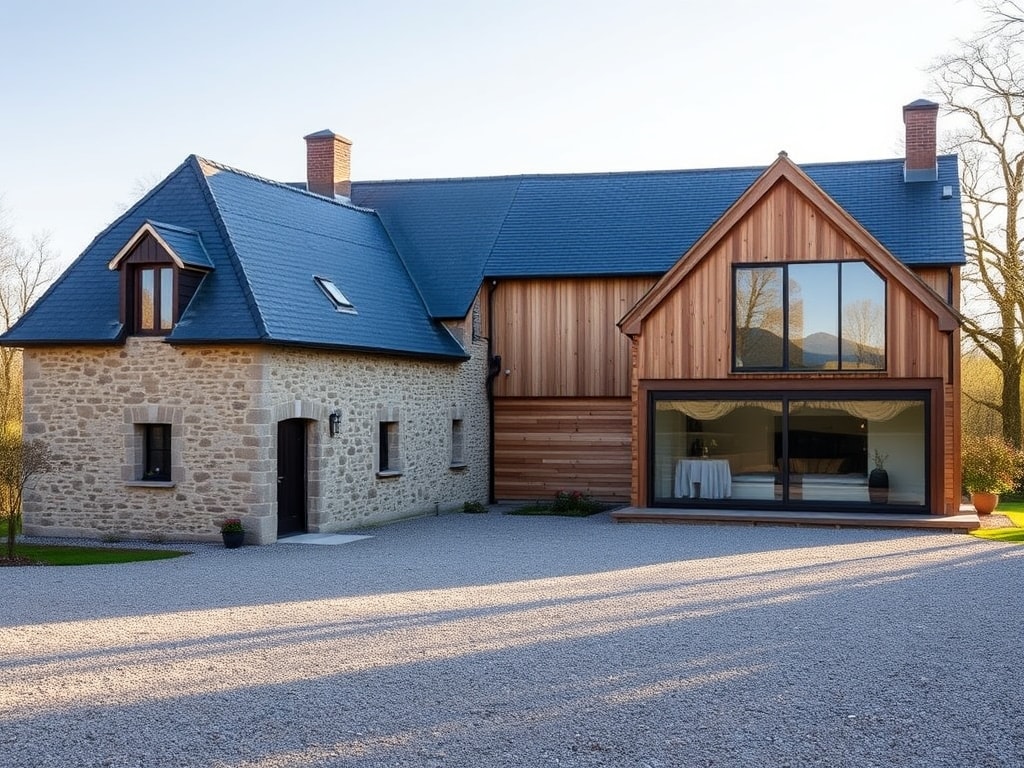 Maison auvergnate rénovée avec extension contemporaine en bardage bois, vue extérieure jour.