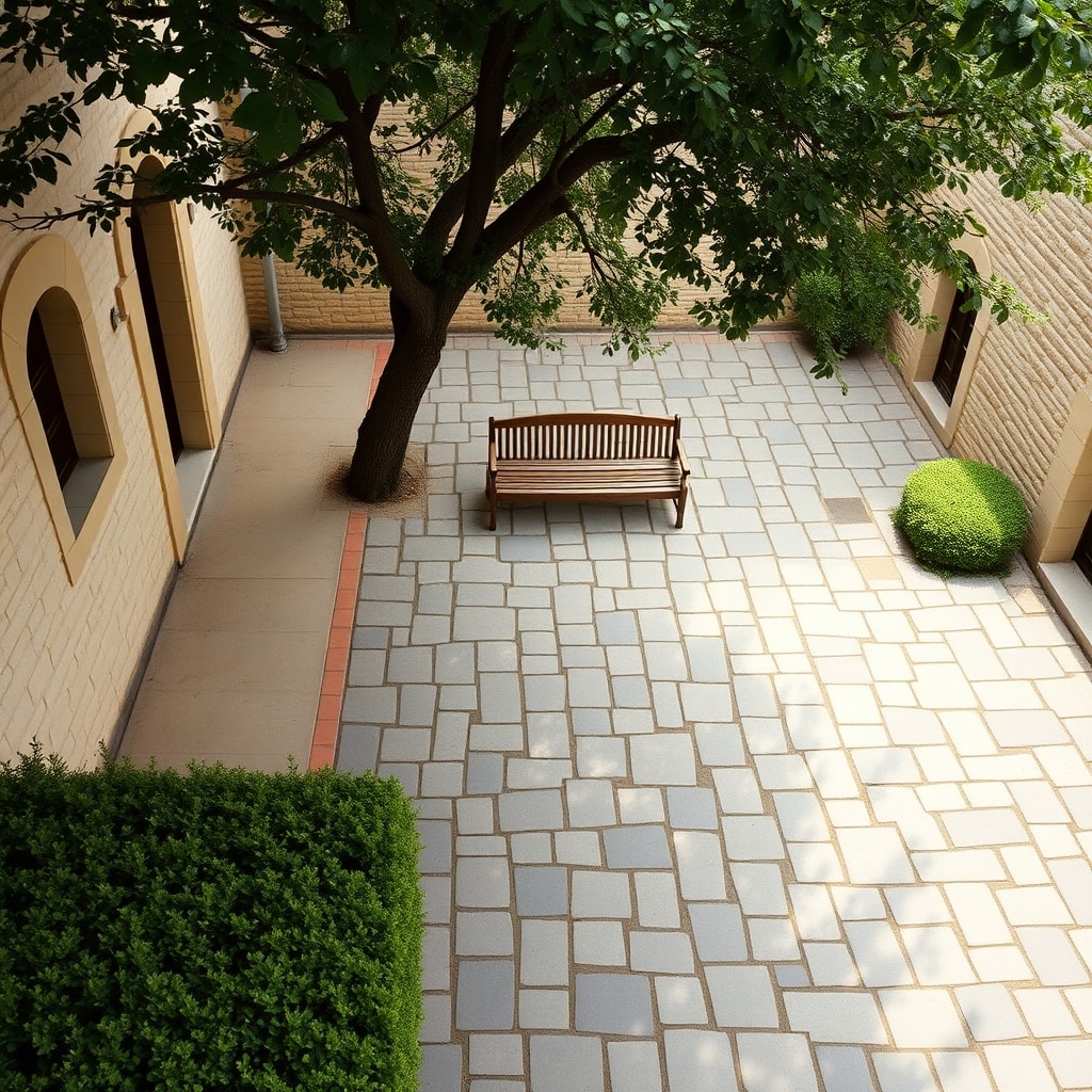 Cour en dallage de pierre auvergnate, muret bas, jardin paysager.