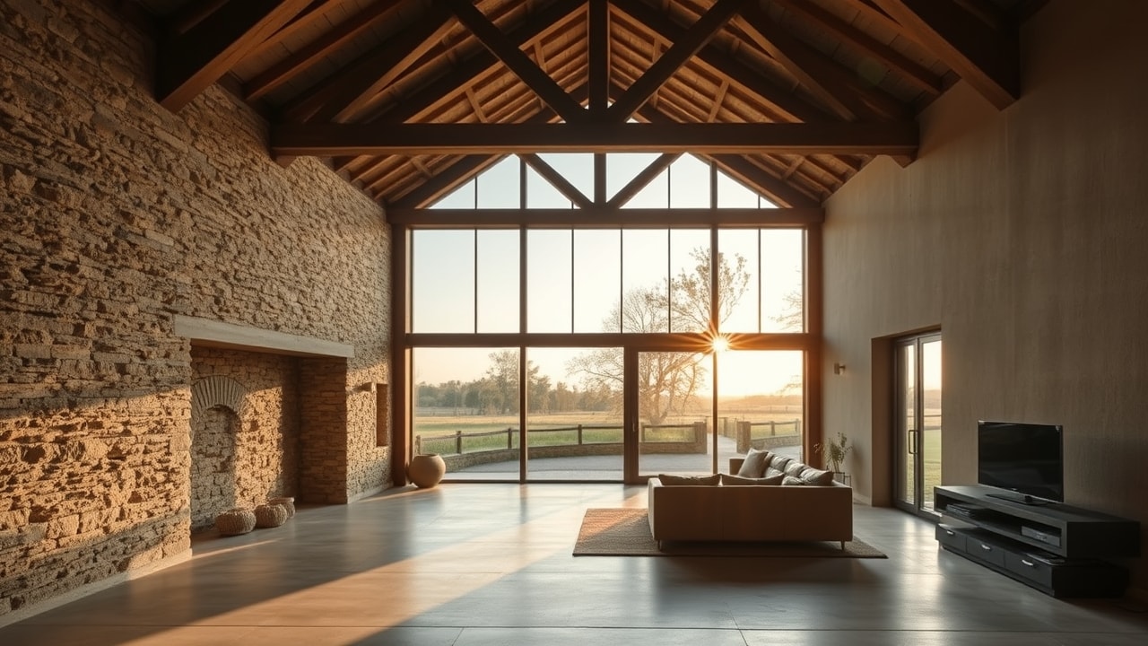 Intérieur de grange rénovée, charpente apparente, baie vitrée, plancher bois.