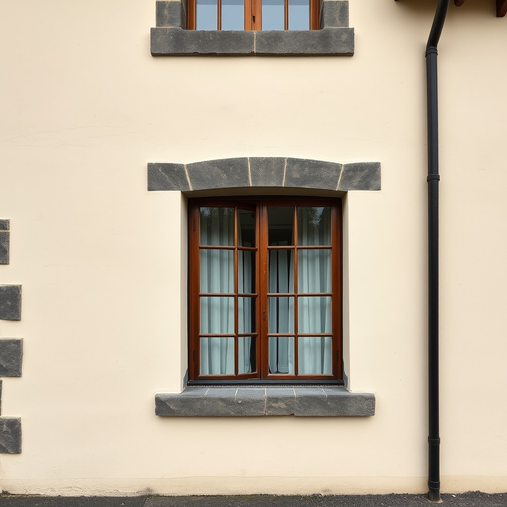 Façade ravalée en enduit gratté beige, encadrements pierre, fenêtres neuves.