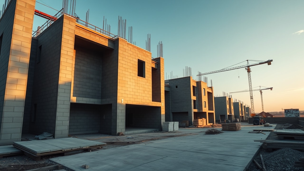 Chantier de gros œuvre, élévation parpaing sur dalle béton.