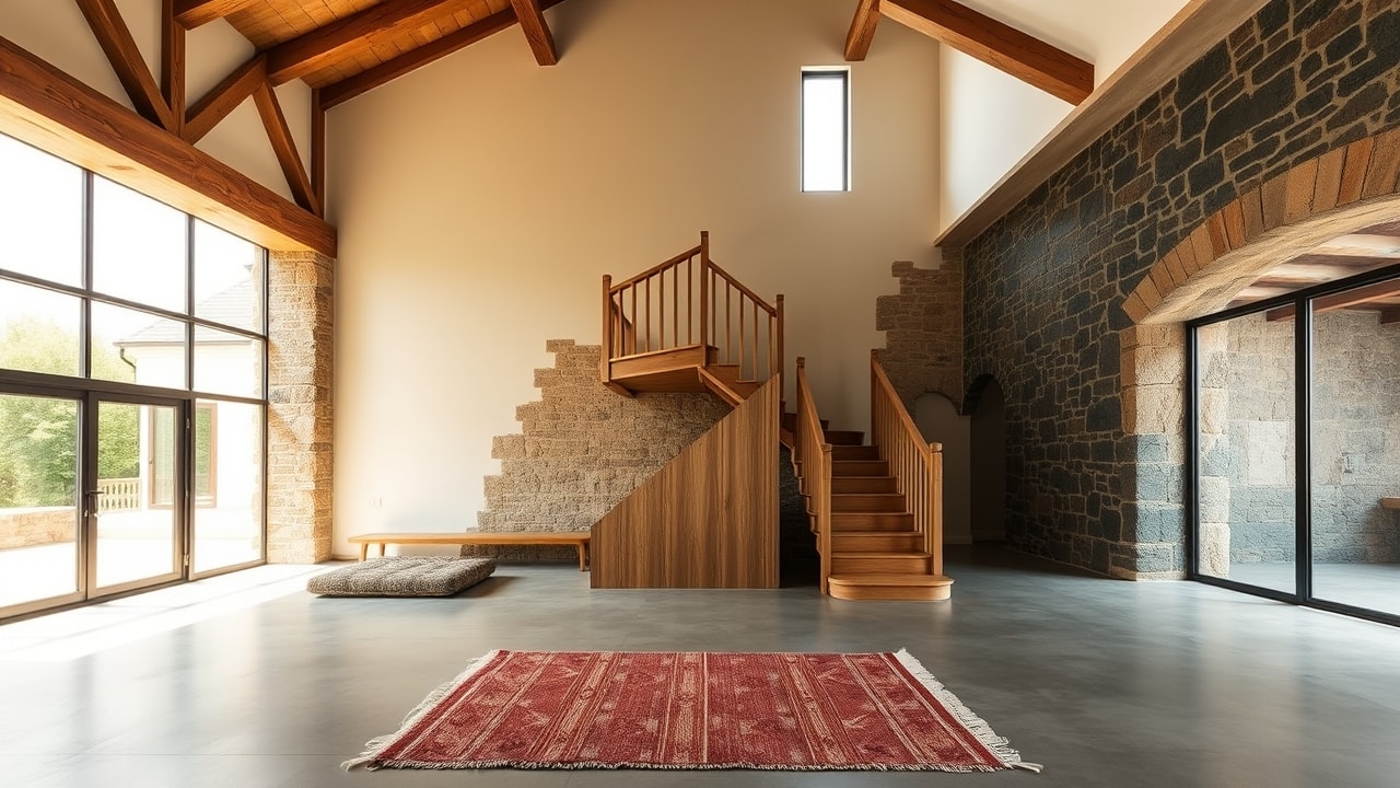 Intérieur d'une maison auvergnate entièrement rénovée, beams apparents, baie vitrée.